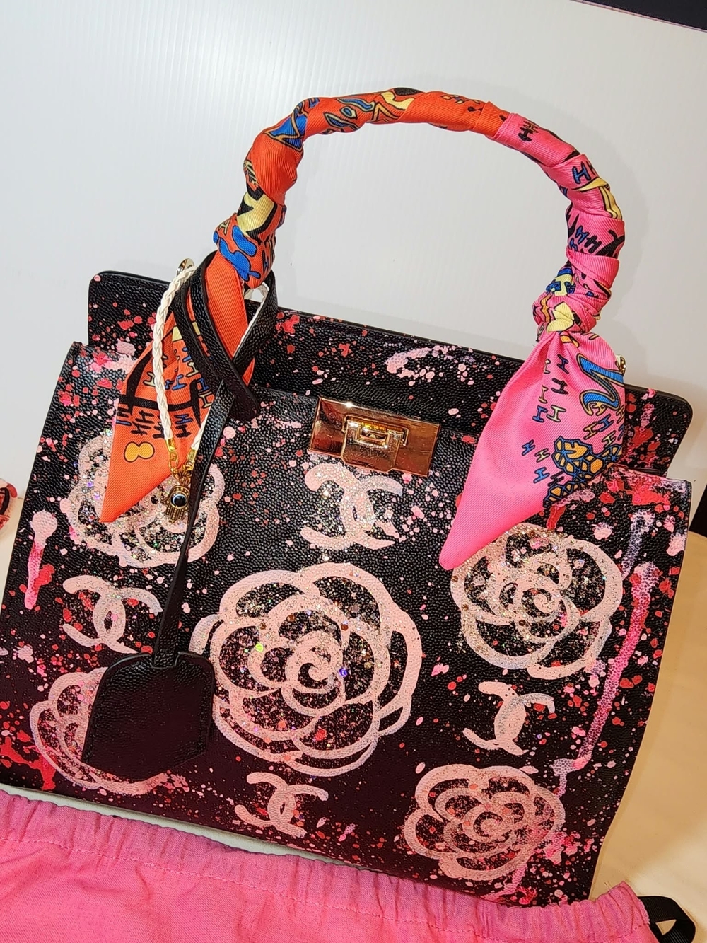 🌹 ANCA BARBU Kelly Bag Handpainted On Leather Black with Pink ROSES Purse